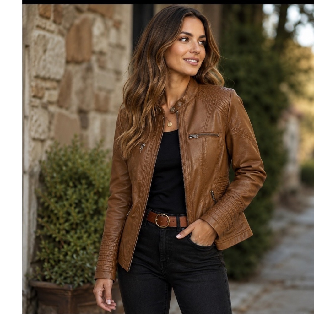 Come Together California Brown Faux Leather Moto Jacket Removable Hood Small